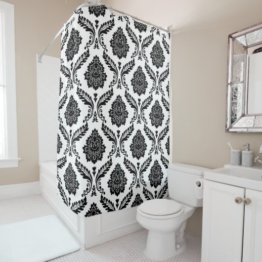 Rideaux De Douche Rococo Damask Pattern Black on White (En situation)
