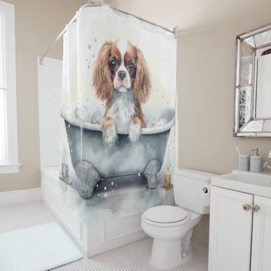 Rideaux De Douche Roi Cavalier Dans La Baignoire Aquarelle Chien Art (En situation)