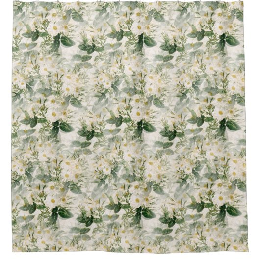 Rideaux De Douche Romantique Fleurs blanches douces et Feuilles vert (Devant)
