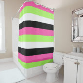 Rideaux De Douche Rose chaud, vert citron, noir et blanc rayures (En situation)