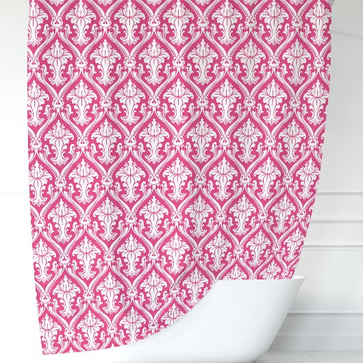 Rideaux De Douche Rose Chaude et Damassé Blanc