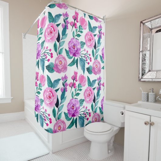 Rideaux De Douche Rose d'aquarelle rose et violet (En situation)