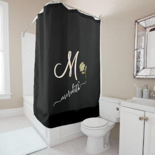 Rideaux De Douche Rose de nom de monogramme personnalisé noir élégan