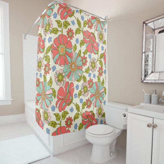 Rideaux De Douche Rose et Turquoise 70's Floral Retro (En situation)