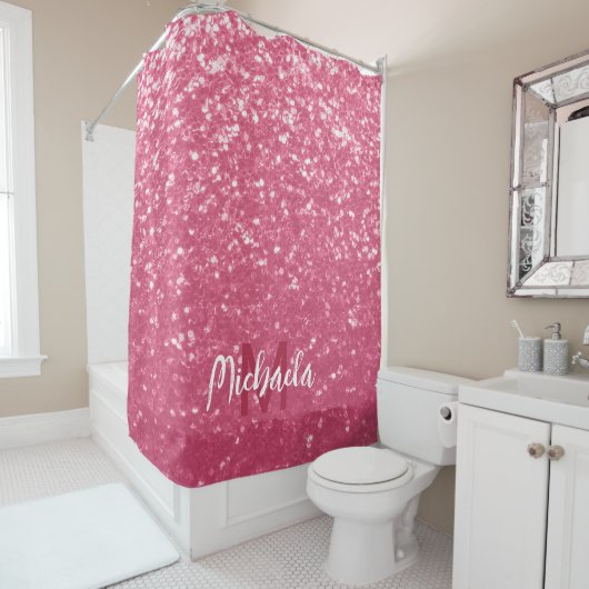 Rideaux De Douche Rose faux pailleté rose clair Monogramme (En situation)