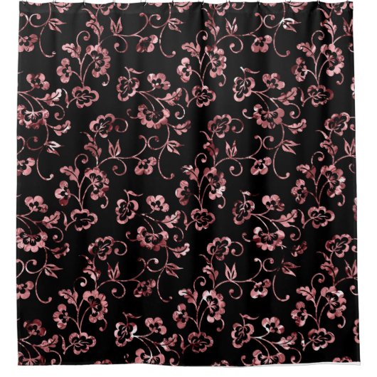 Rideaux De Douche Rose Gold Floral sur noir (Devant)