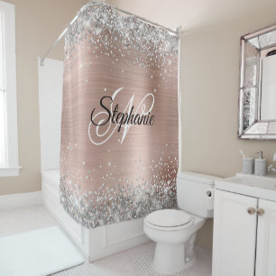Rideaux De Douche Rose Gold Pailleté Argenté Monogramme Fantaisie