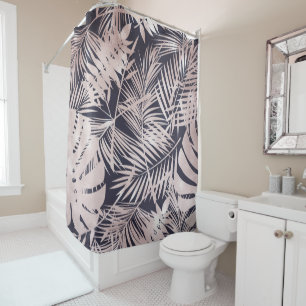 Rideaux De Douche Rose Gold Pink Dark Tropical Palm Tree Leaves