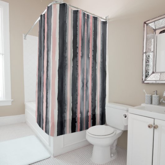 Rideaux De Douche rose gris rayures noir et blanc (En situation)