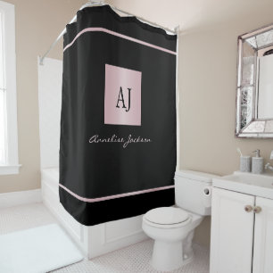 Rideaux De Douche Rose or nom personnalisé monogramme noir