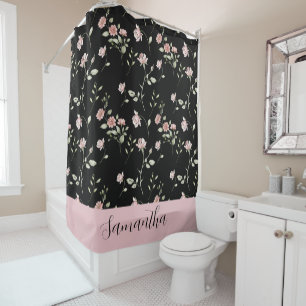 Rideaux De Douche Rose Pâle Aquarelle Floral Nom Noir