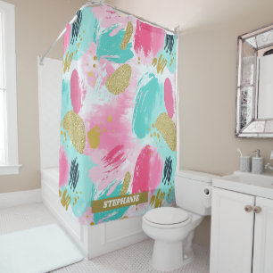 Rideaux De Douche Rose Pâle Menthe Douce Abstrait Pinceaux de Printe