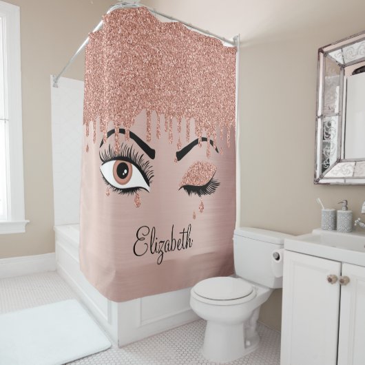 Rideaux De Douche Rose Pink Gold Eyelashes Dripping Glitter (En situation)