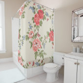 RIDEAUX DE DOUCHE ROSE ROUGE MOTIF SANS PARAMÈTRE AVEC BELLES BLEUES (En situation)