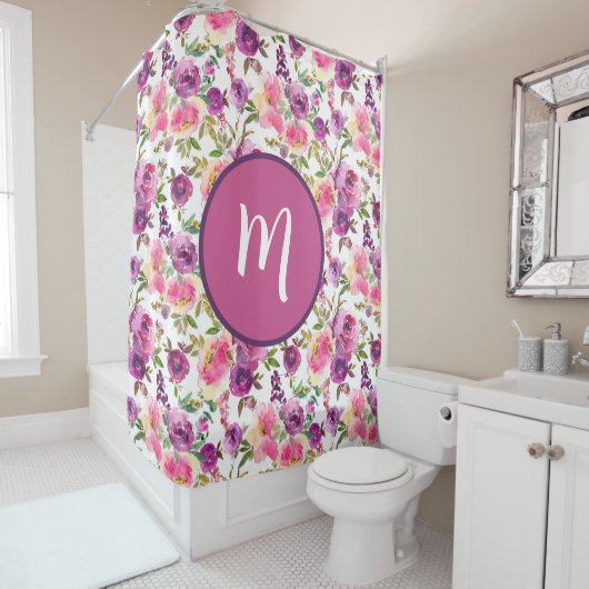 Rideaux De Douche Rose violet Rose Floral Girly initial Monogramme (En situation)