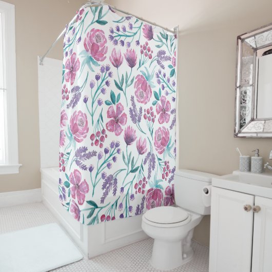 Rideaux De Douche Rose violet Turquoise Aquarelle Fleurs Motif (En situation)