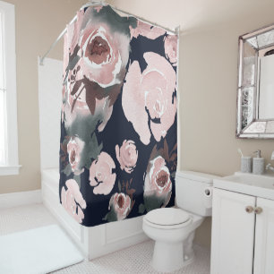 Rideaux De Douche Roses Aquarelles Roses Sur Fond Bleu Nuit Floral