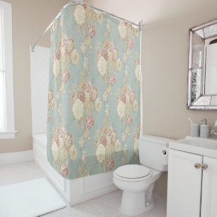 Rideaux De Douche Roses blanches et roses saumon sur fond bleu