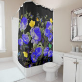 Rideaux De Douche ROSES BLEUS ET BOUTEILLES JAUNES Noirs (En situation)