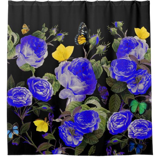 Rideaux De Douche ROSES BLEUS ET BOUTEILLES JAUNES Noirs (Devant)