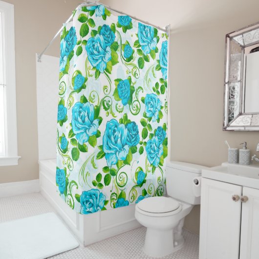 Rideaux De Douche Roses Bleus Et Feuilles Verts (En situation)
