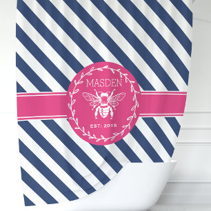 Rideaux De Douche Roses Chaudes et Rayures Nautiques Monogramme Abei
