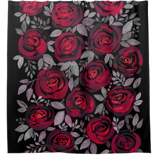 Rideaux De Douche Roses d'aquarelle, roses rouges sur noir (Devant)