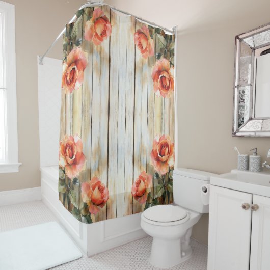Rideaux De Douche Roses D'Aquarelle Sur Le Bois (En situation)