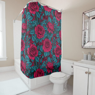 Rideaux De Douche Roses en rouge et bleu