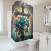 Rideaux De Douche "Roses et croix bleus mystiques" (En situation)