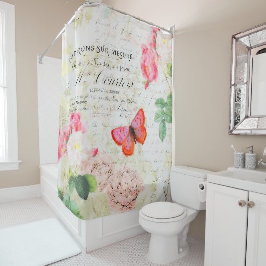 Rideaux De Douche Roses et papillon roses (En situation)