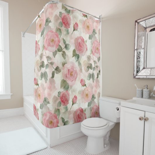 Rideaux De Douche Roses Fleurs Roses Tendres Romantiques  (En situation)