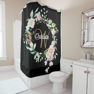 Rideaux De Douche Roses Floral Élégant Monogramme Noir Or