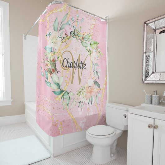 Rideaux De Douche Roses Floral Or Monogramme Script Géode Agate (En situation)