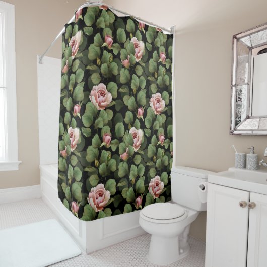 Rideaux De Douche Roses fragiles. Motif floral sur noir (En situation)