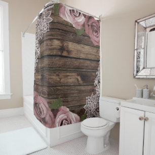 Rideaux De Douche Roses Mauve Rose Poussiéreux Broderie Florale Bois