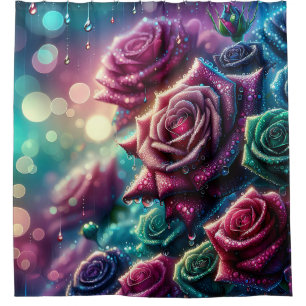 Rideaux De Douche "Roses rayonnants avec gouttes d'eau"