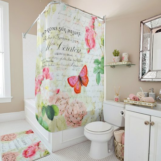 Rideaux De Douche Roses roses et papillon