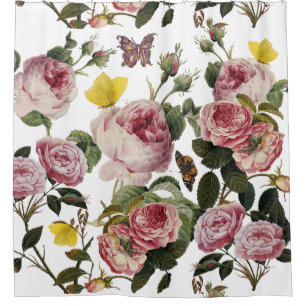 Rideaux De Douche ROSES ROSES ROSES ET BOUTTERFLIES JAUNES Florales