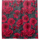 Rideaux De Douche Roses rouges avec feuilles gris sur noir (Devant)