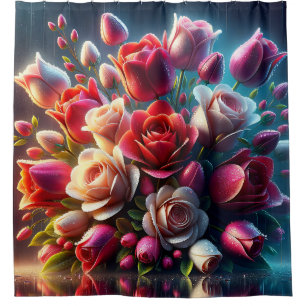 Rideaux De Douche "Roses rouges et roses avec gouttes de pluie"