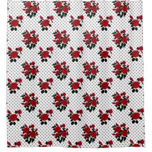 Rideaux De Douche Roses rouges sur un arrière - plan à pois de polka