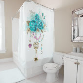 Rideaux De Douche Roses turquoise avec touches (En situation)