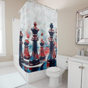 Rideaux De Douche Rouge, Blanc, Pièces d'échecs Bleues Roi, Reine, É