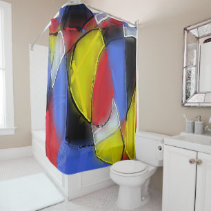 Rideaux De Douche Rouge, jaune, noir et bleu