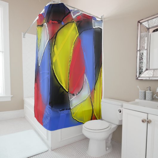 Rideaux De Douche Rouge, Jaune, Noir et Bleu (En situation)