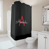 Rideaux De Douche Rouge Noir Script Monogramme Nom Moderne (En situation)