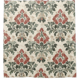 Rideaux De Douche Rouge Vert Beige Damassé Antique