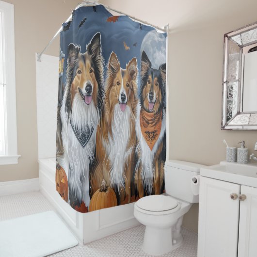 Rideaux De Douche Rough Collie Halloween Épouvantable (En situation)