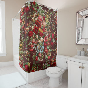 Rideaux De Douche Ruban à motif floral de rose victorienne bordeaux